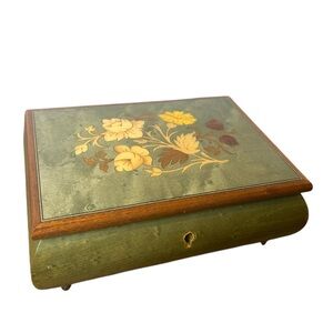 Vintage Wooden Music Box Floral Inlay Jewelry Box Green Wood Velvet Interior